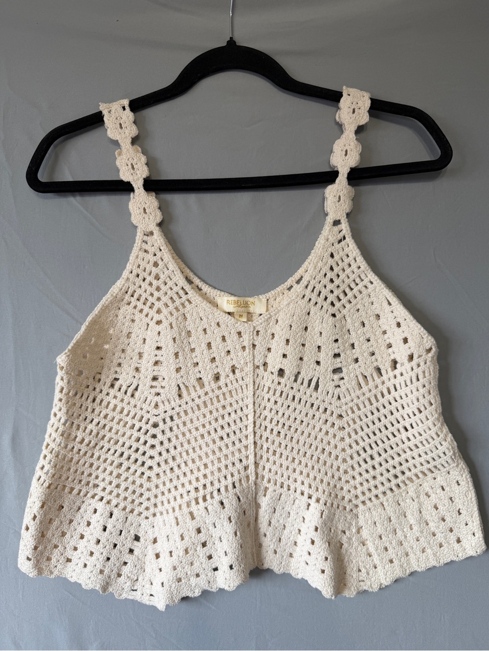 Rebellion Again Womens Boho Crochet Tank M Cream Festival Scalloped Wide Bottom